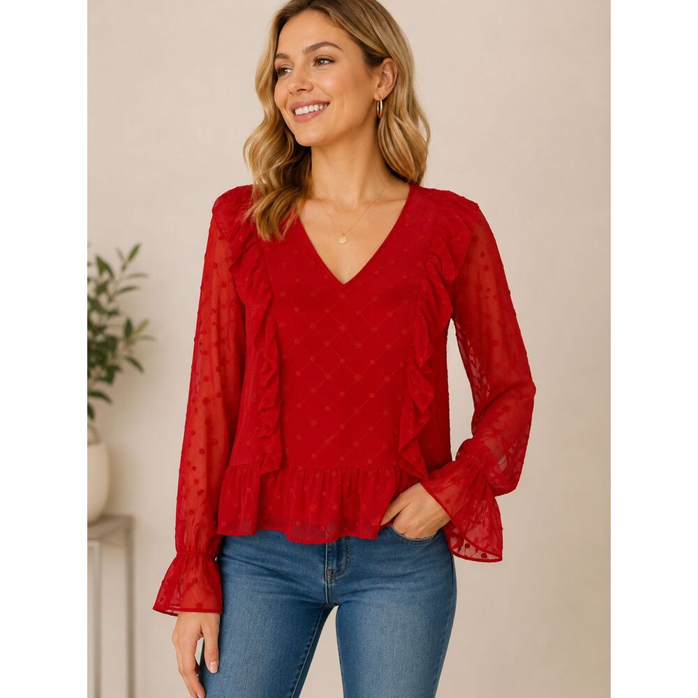 Women Red Swiss Dot V-Neck Long Sleeve Top Blouse XL Soho New York & Company